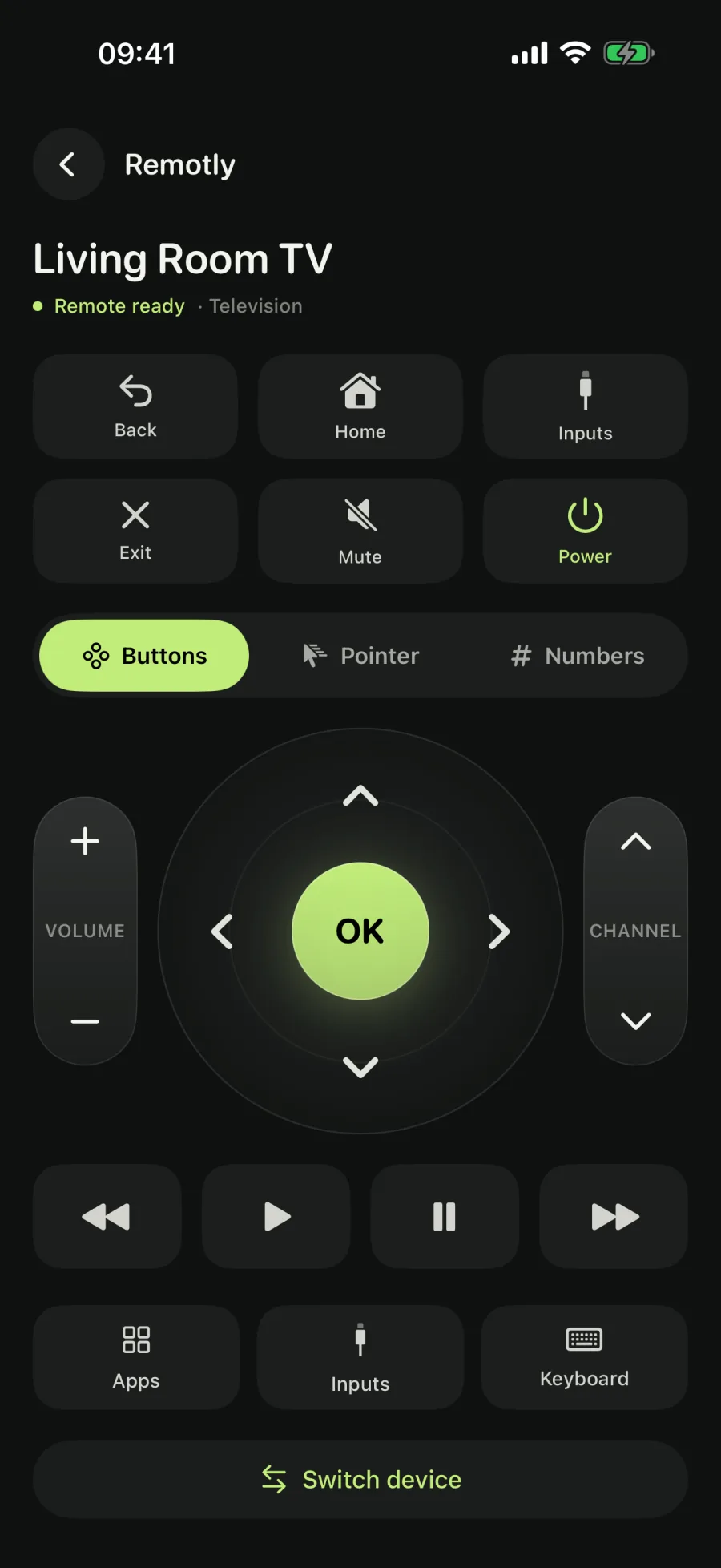 Remotly on iPhone: the remote screen for a connected TV with utility keys, a direction ring with OK, volume and channel rails, playback controls and the Apps, Inputs and Keyboard tools.