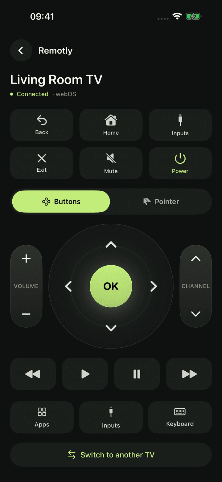 Remotly on iPhone: the remote screen for a connected LG webOS TV with utility keys, a direction ring with OK, volume and channel rails, playback controls and the Apps, Inputs and Keyboard tools.